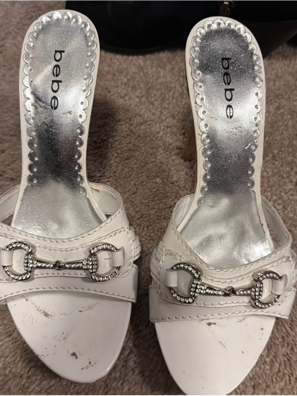 bebe White Slip-On Heeled Sandals with Silver-Tone Hardware